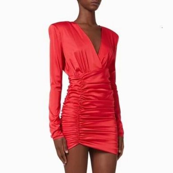 Pinko Zanzibar Satin Ruched Long Sleeve Party Cocktail Mini Dress in Red - Picture 4 of 14